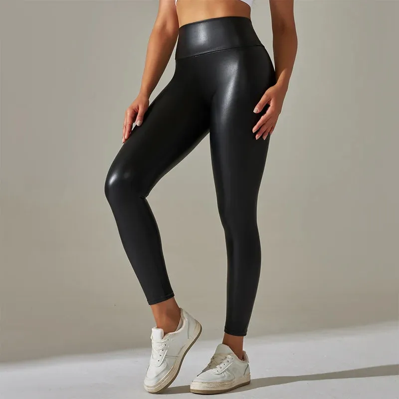 Trendy New Oversized High Waisted Tight Sexy PU Leather Colorful Yoga Pants Leggings