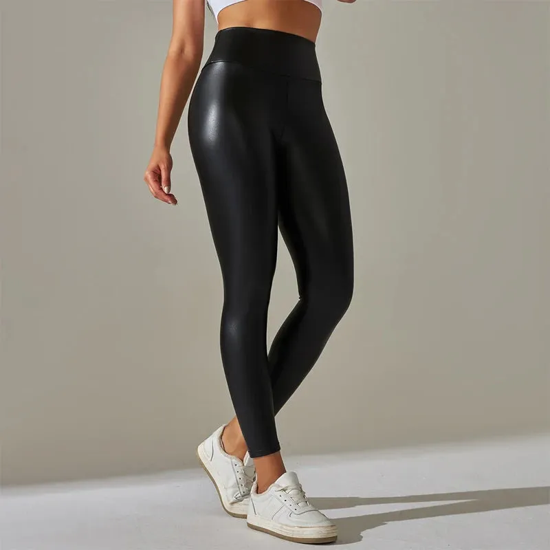 Trendy New Oversized High Waisted Tight Sexy PU Leather Colorful Yoga Pants Leggings