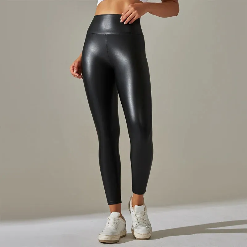 Trendy New Oversized High Waisted Tight Sexy PU Leather Colorful Yoga Pants Leggings