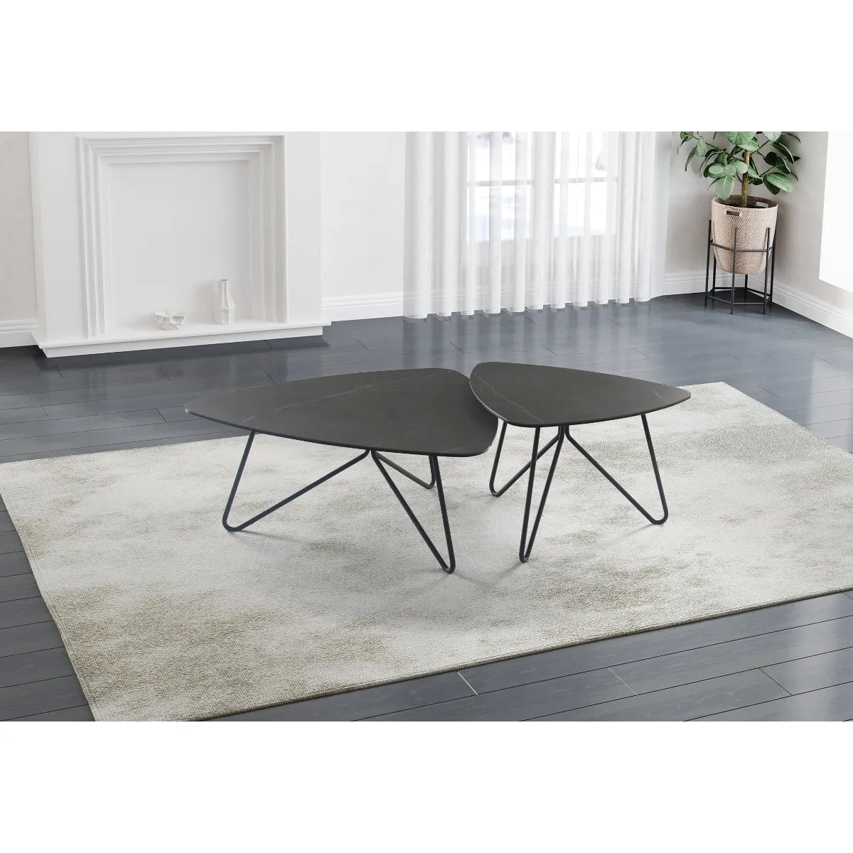 Triangular Cocktail Table with Grey Marble Ceramic Top and Black Hairpin Legs