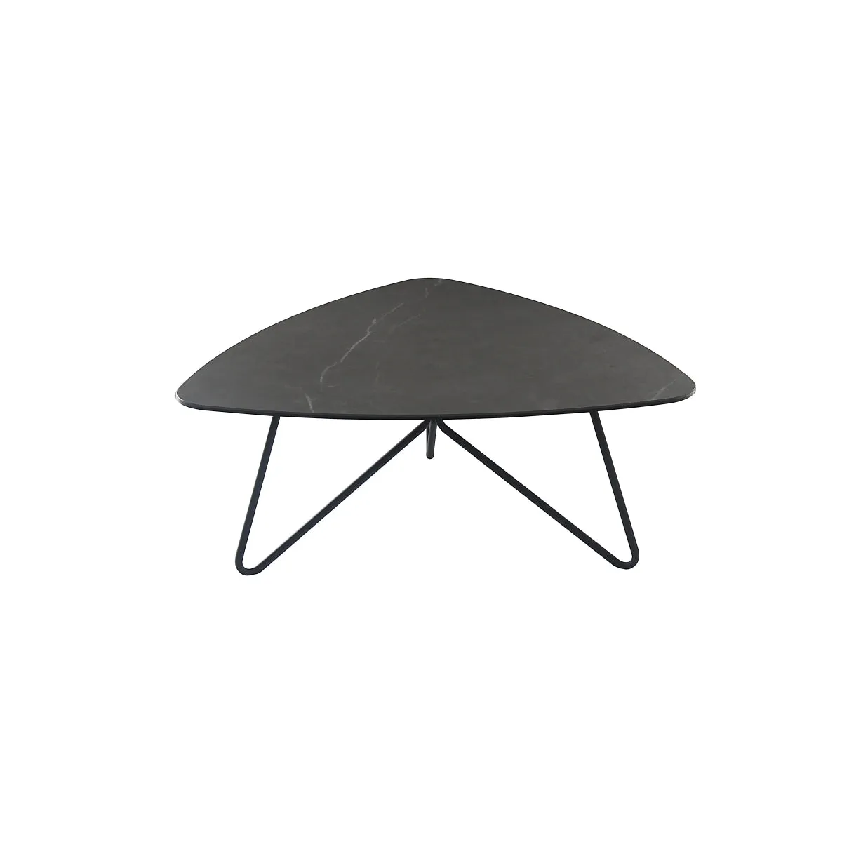 Triangular Cocktail Table with Grey Marble Ceramic Top and Black Hairpin Legs