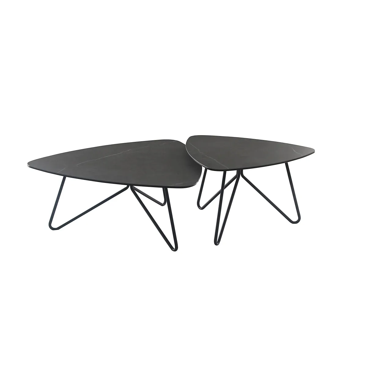 Triangular Cocktail Table with Grey Marble Ceramic Top and Black Hairpin Legs