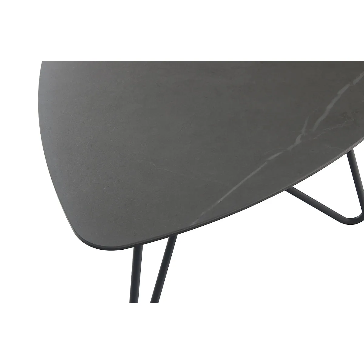 Triangular Cocktail Table with Grey Marble Ceramic Top and Black Hairpin Legs