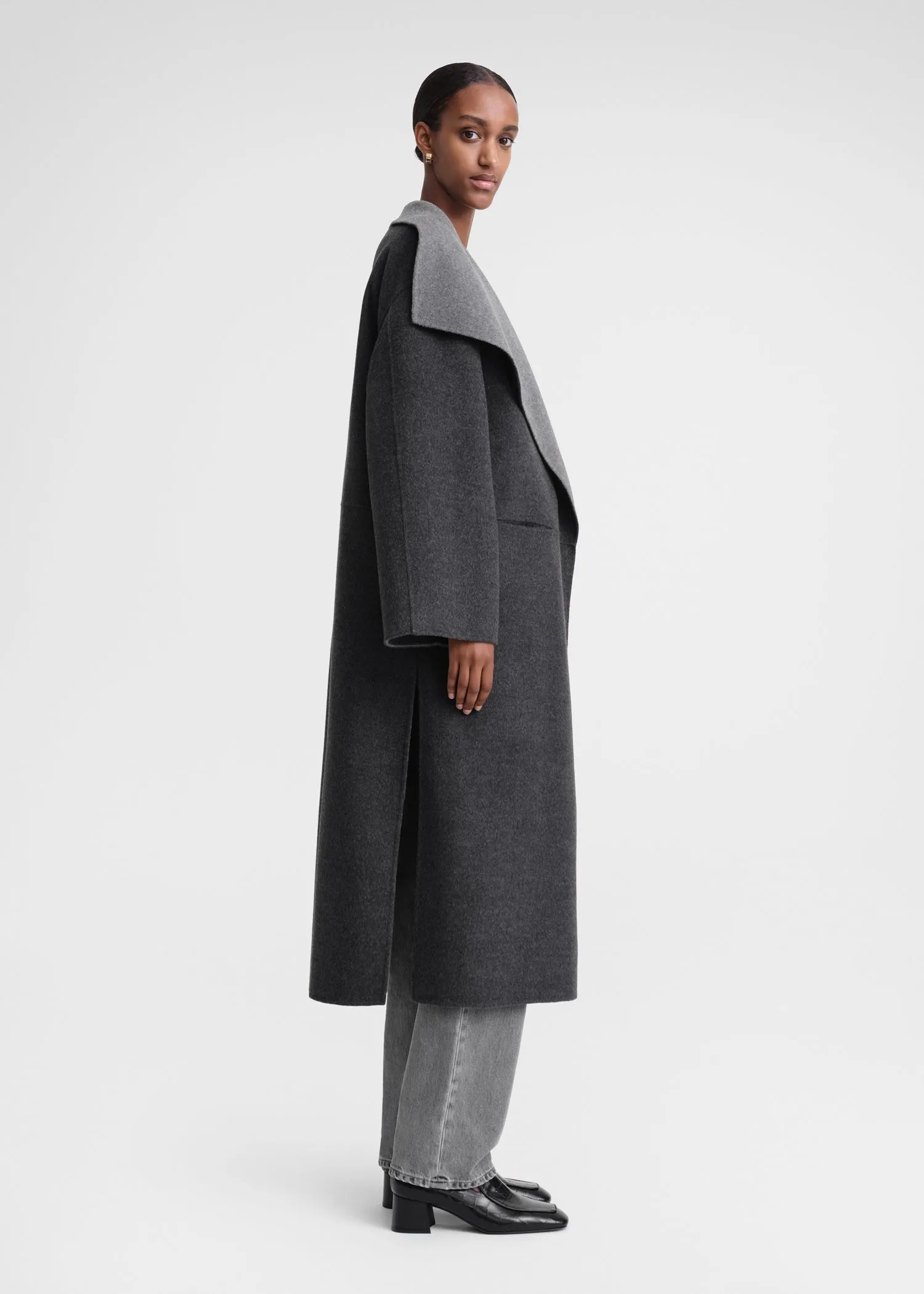 Two-tone signature wool cashmere coat dark grey melange