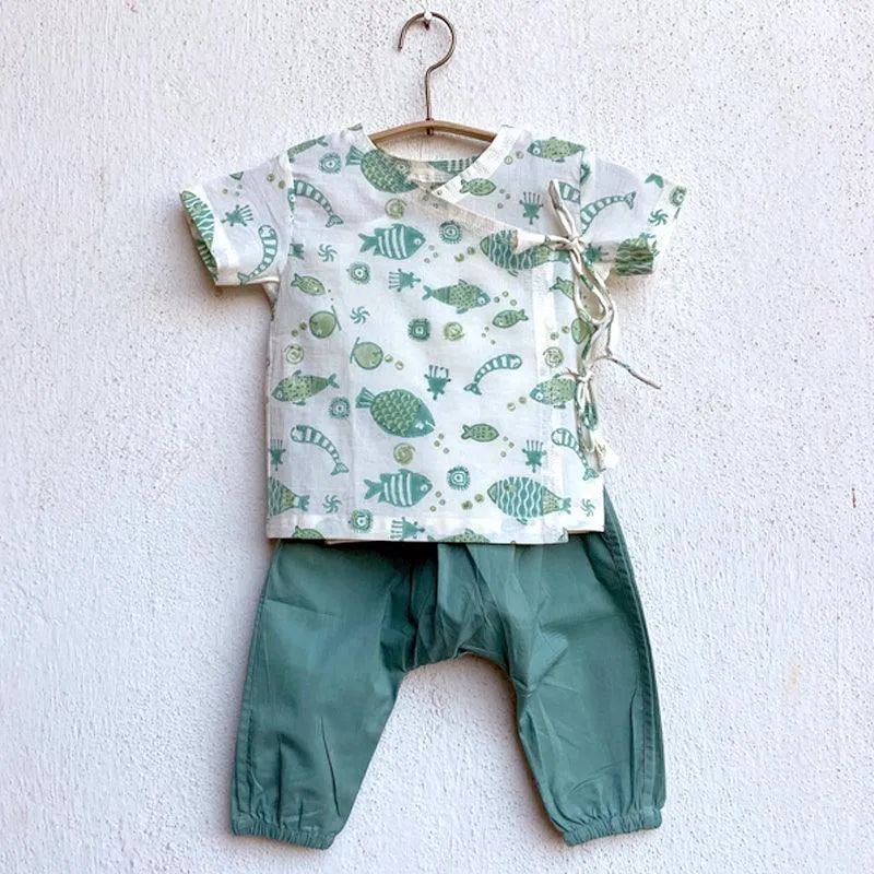 UNISEX ORGANIC FISH PRINT ANGARAKHA TOP   MINT PANTS