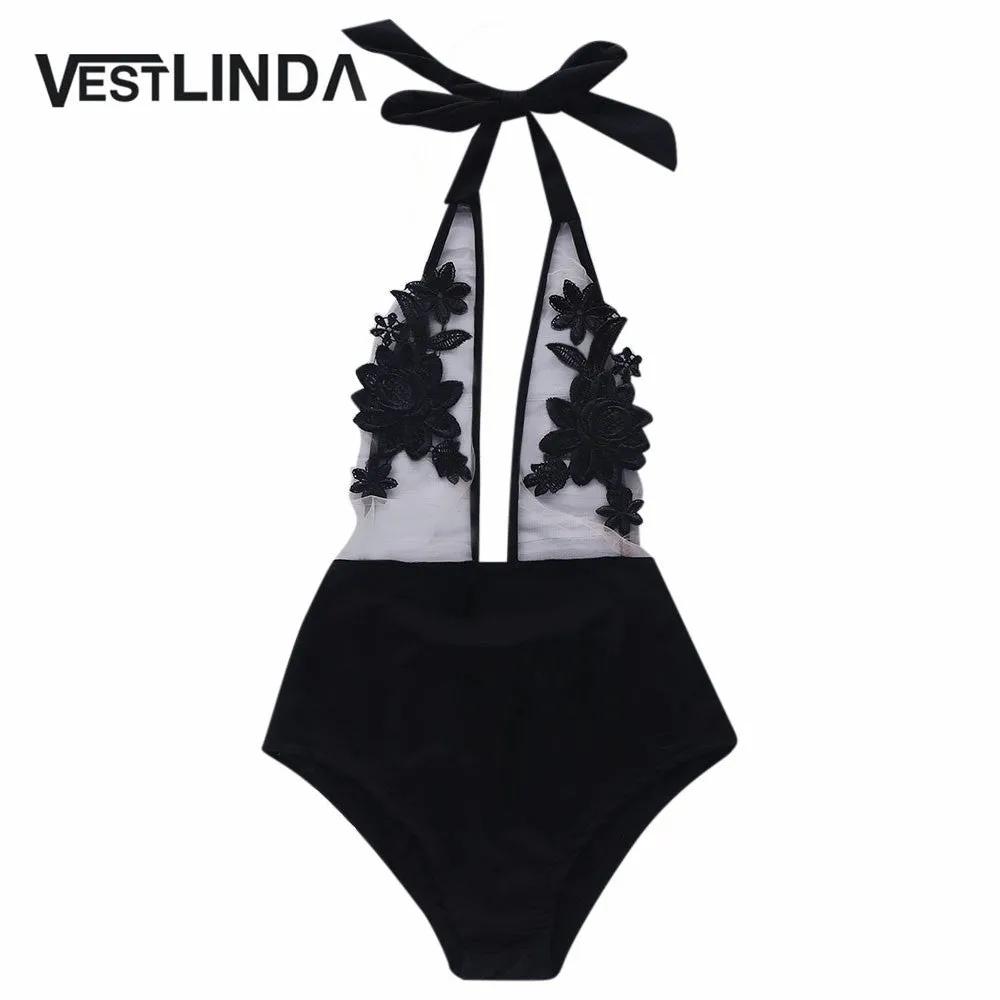 VESTLINDA Women Fashion Bodysuits Sexy Black Halter Voile Spliced Floral Pattern Backless Women's Jumpsuits One Piece Bodysuit