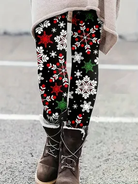 Vibrant Snowflake & Berry Print Stretchy Leggings - Soft, Breathable, and Comfortable Polyester-Spandex Fabric - Elastic Waist, All-Season Long Jegging Pants for Weekend Casual Wear, Vacation Style, and Holiday Gatherings