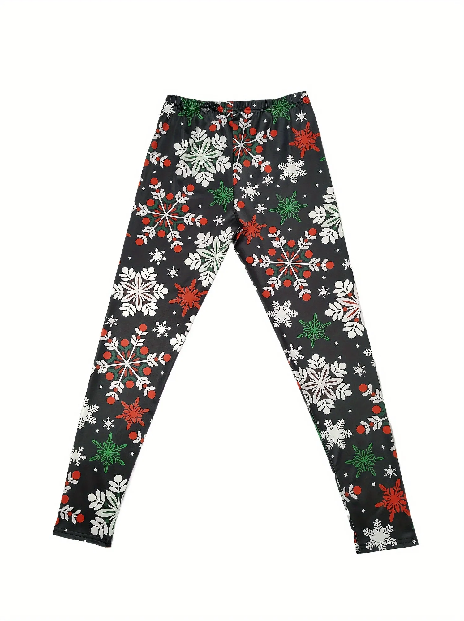 Vibrant Snowflake & Berry Print Stretchy Leggings - Soft, Breathable, and Comfortable Polyester-Spandex Fabric - Elastic Waist, All-Season Long Jegging Pants for Weekend Casual Wear, Vacation Style, and Holiday Gatherings