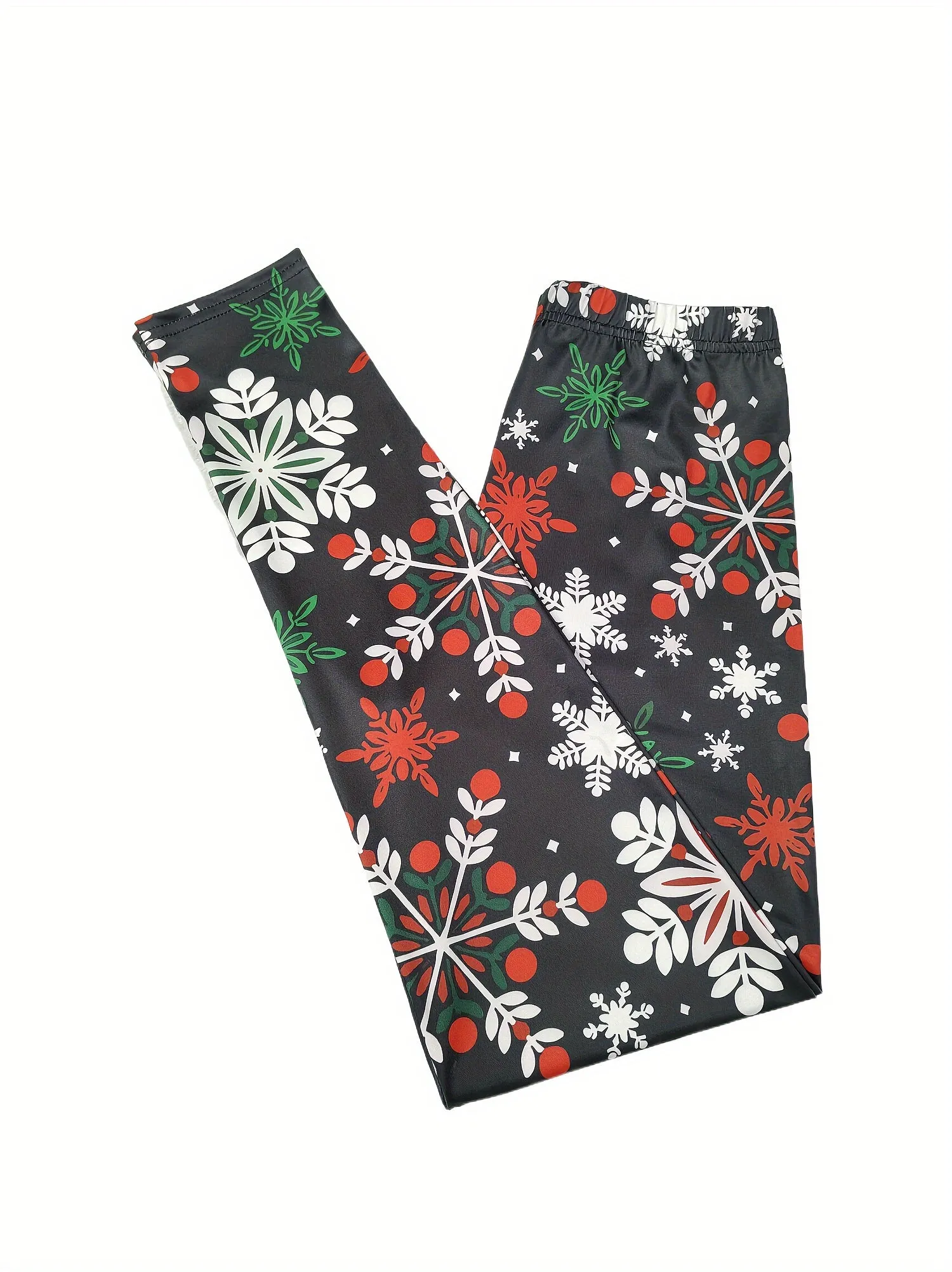 Vibrant Snowflake & Berry Print Stretchy Leggings - Soft, Breathable, and Comfortable Polyester-Spandex Fabric - Elastic Waist, All-Season Long Jegging Pants for Weekend Casual Wear, Vacation Style, and Holiday Gatherings