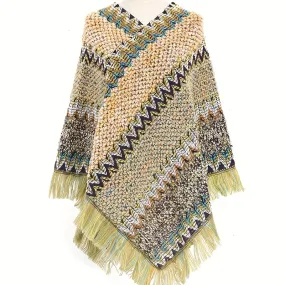 Vibrant Striped Bohemian Shawl Cloak - Wraps & Pashminas with Inelastic Knitted Design, Casual Vintage Style, Soft Pullover Cape, Perfect for Everyday Wear - One Size Fits Most