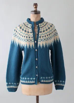 Vintage 1970s Turi Blue and Tan Fair Isle Cardigan