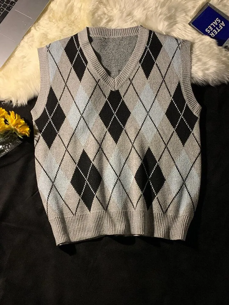 Vintage Preppy Knitted Vest Spring Autumn Diamond Vest Men Women Oversize Pullover Streetwear Sleeveless Sweater