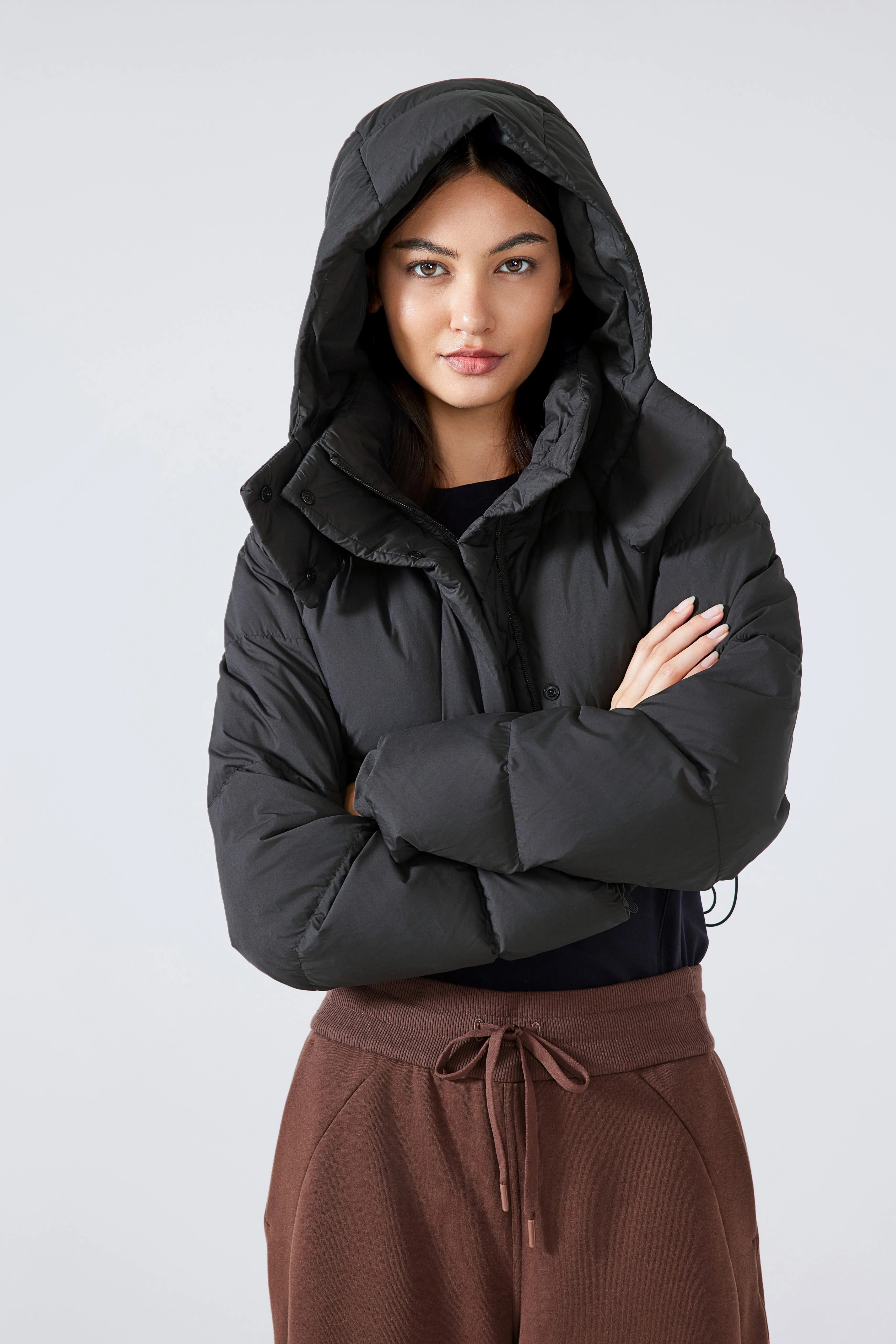 Waterproof, Windproof & Sun Protection Cropped Street Puffer Jacket With Removable Hood & Hidden Pockets