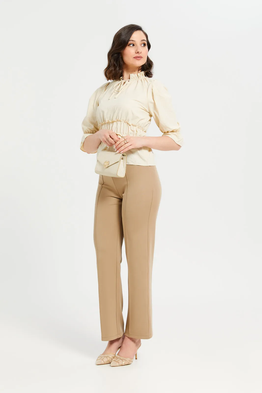 Woman Plain Ruched Cream Blouse