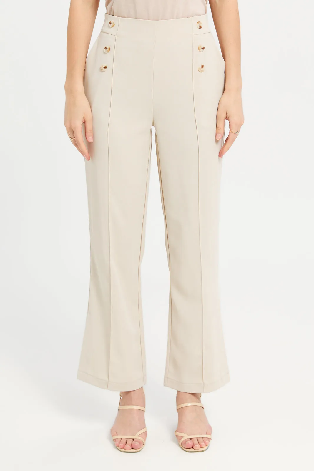 Women Beige Button Detailed Trousers