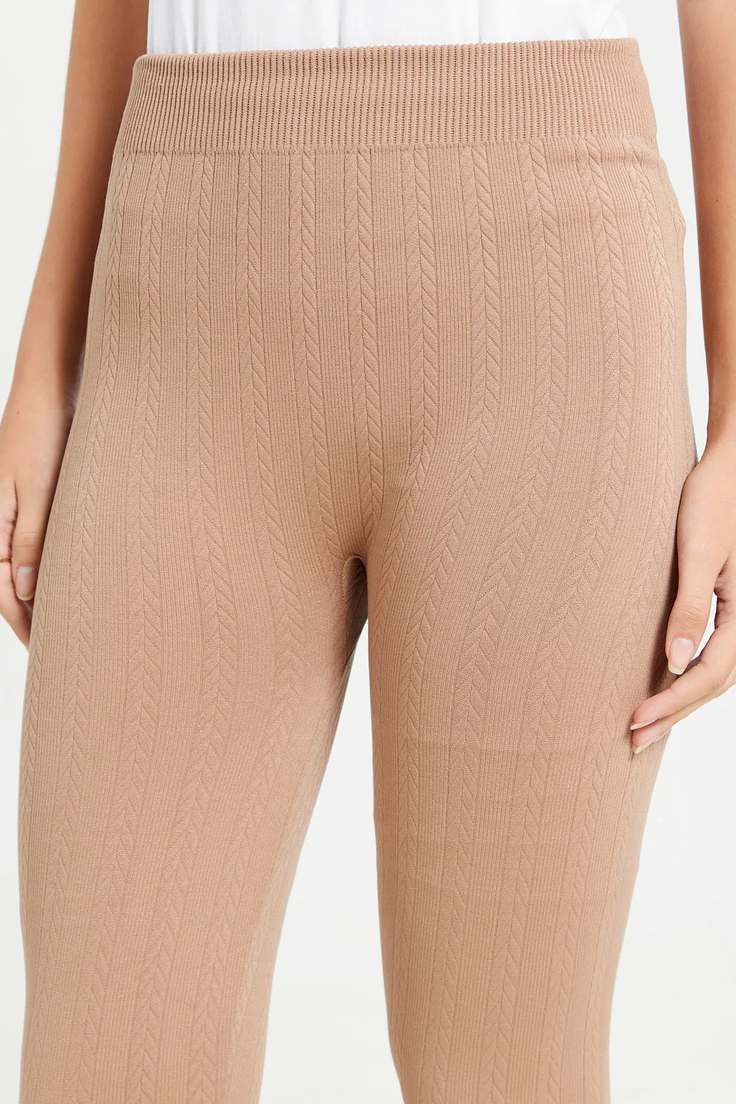 Women Beige Jacquard Leggings