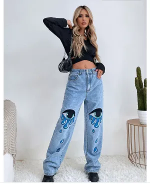 Women Clothing Sexy Personalized Printed High Waist Straight Leg Denim Trousers