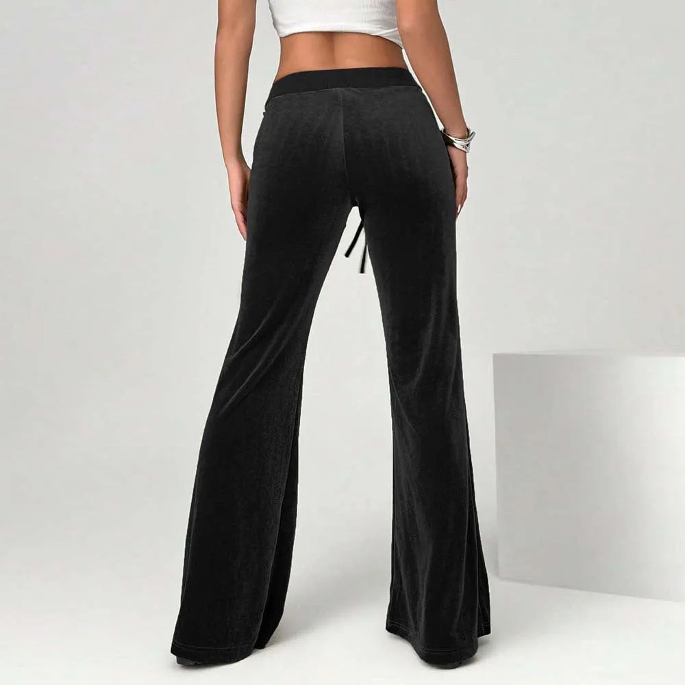 Women Clothing Simple Velvet Casual Pants Autumn Winter Drawstring Leg Slimming Wide Leg Trousers