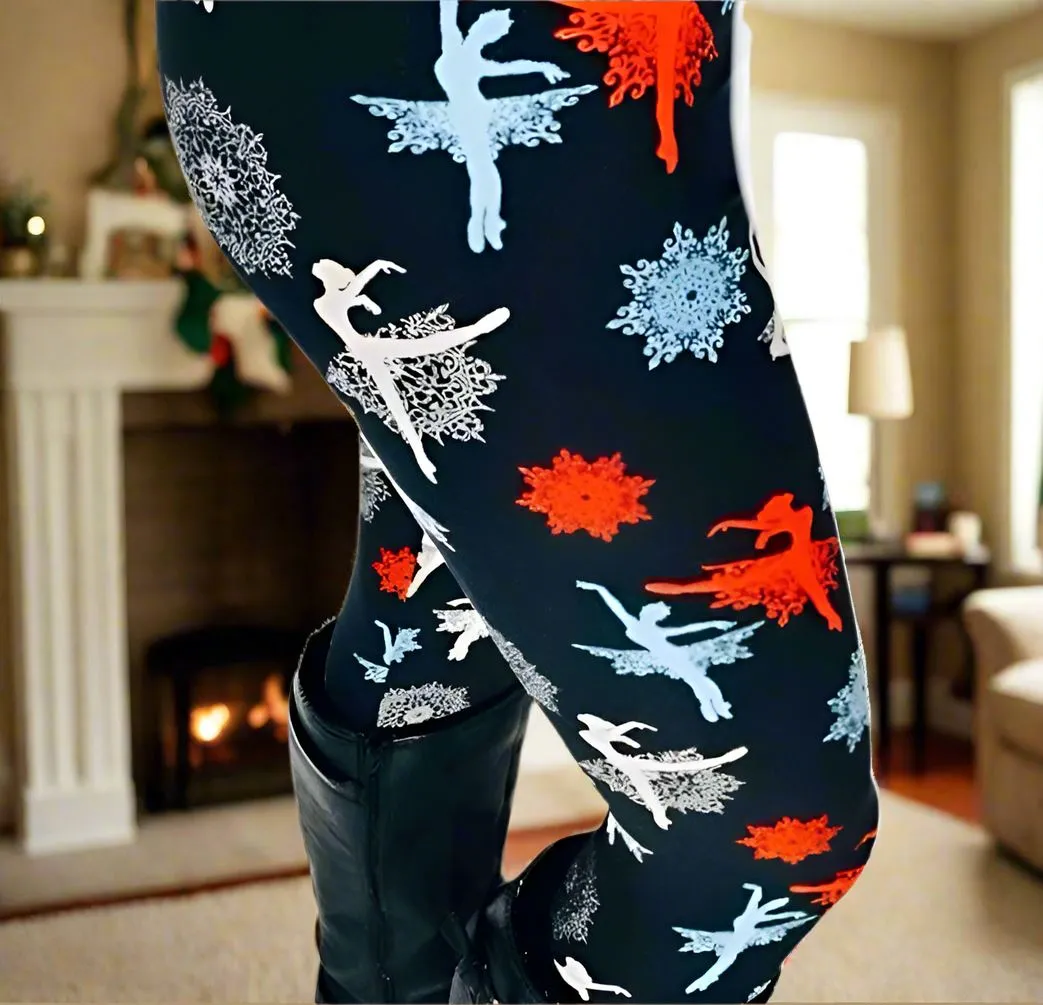 Womens Christmas Nutcracker Ballet Leggings, Soft Yoga Pants, Sizes 0-18, No-Roll Waist, Black/Red