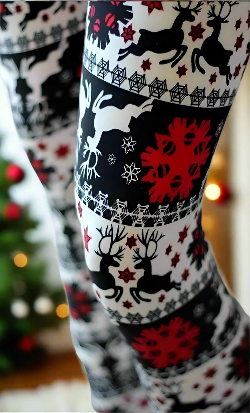 Womens Christmas Reindeer Holiday Leggings, Soft Yoga Pants, Sizes 0-20, Yoga Waist, Black/Red/White