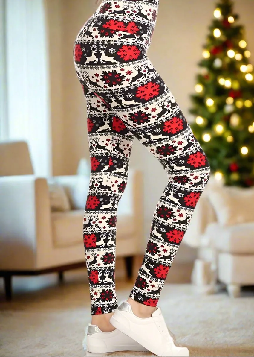 Womens Christmas Reindeer Holiday Leggings, Soft Yoga Pants, Sizes 0-20, Yoga Waist, Black/Red/White