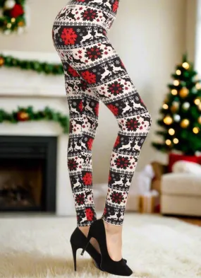 Womens Christmas Reindeer Snowflake Leggings, Soft Yoga Pants, Size 0-18, No-Roll Waist, White/Red/Black