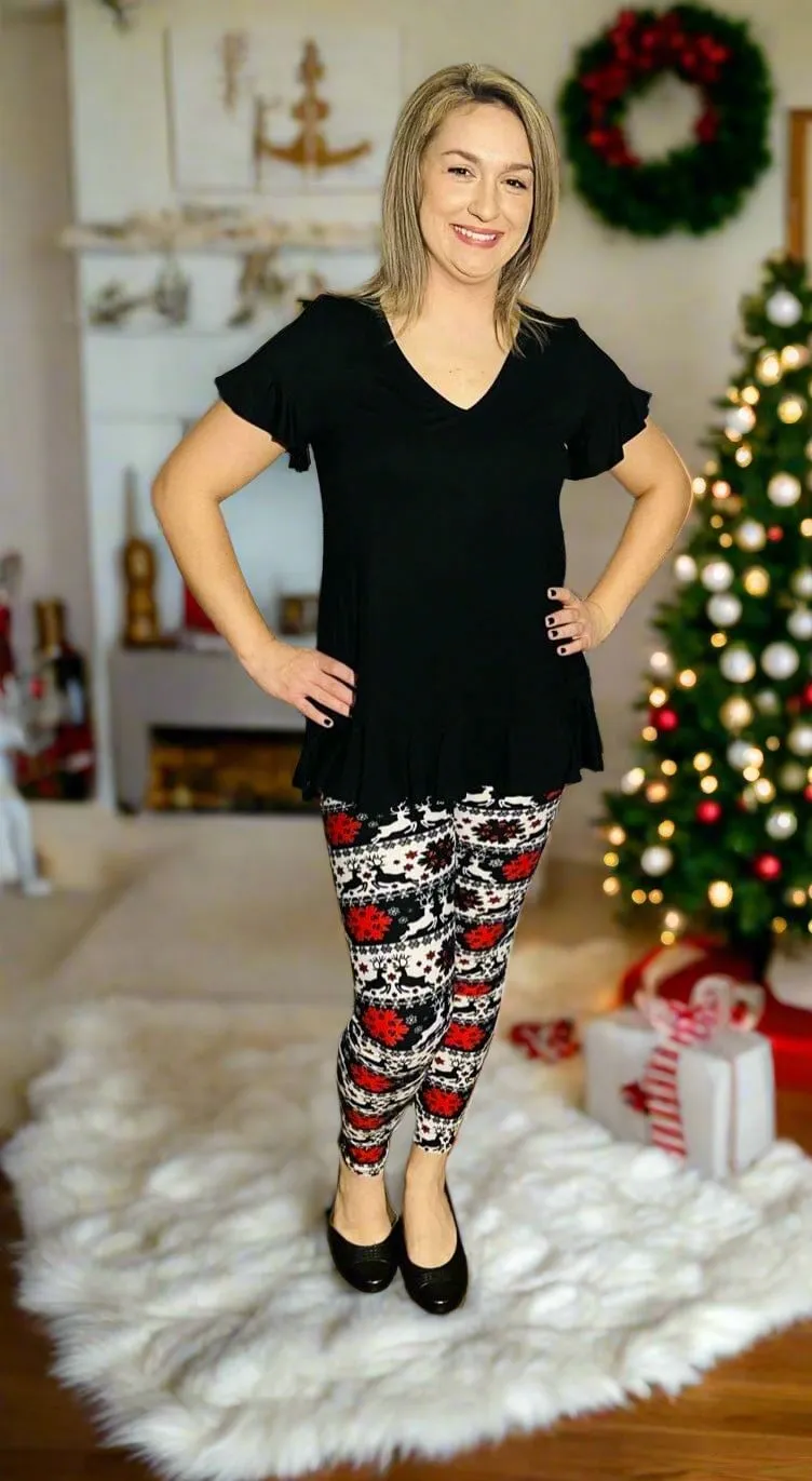 Womens Christmas Reindeer Snowflake Leggings, Soft Yoga Pants, Size 0-18, No-Roll Waist, White/Red/Black