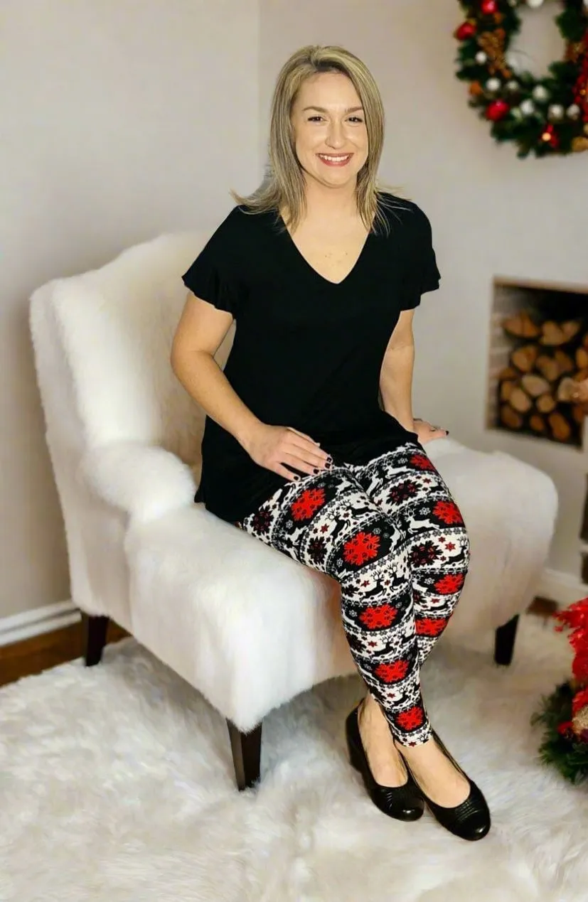 Womens Christmas Reindeer Snowflake Leggings, Soft Yoga Pants, Size 0-18, No-Roll Waist, White/Red/Black