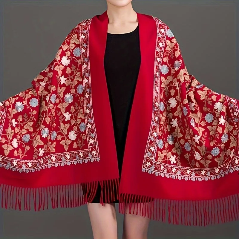 Women's Classic Embroidered Scarf - Polyester, Non-Stretch, Woven Tassel Shawl For Autumn/Winter Cheongsam & Summer Outerwear, Versatile For Warmth, Decoration, Wind Protection - Hand Or Dry Clean Only