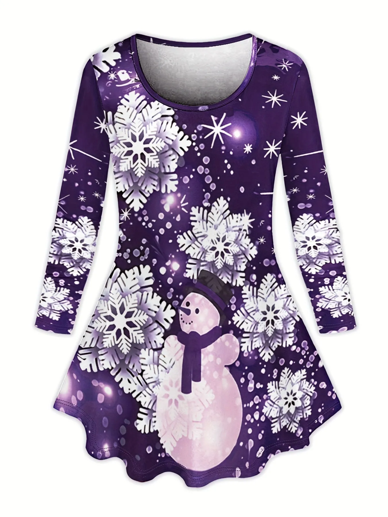 Women's Festive Christmas Snowman & Snowflake Print Long Sleeve Dress and High-Waist Leggings Set - Casual, Machine Washable