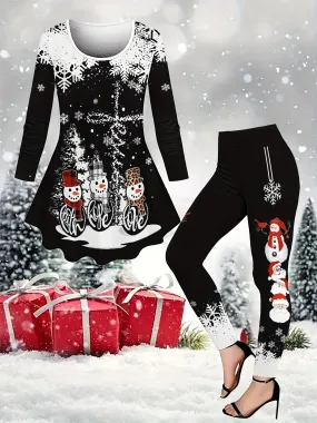 Women's Festive Christmas Snowman & Snowflake Print Long Sleeve Dress with High-Waist Leggings Set - Casual, Machine Washable