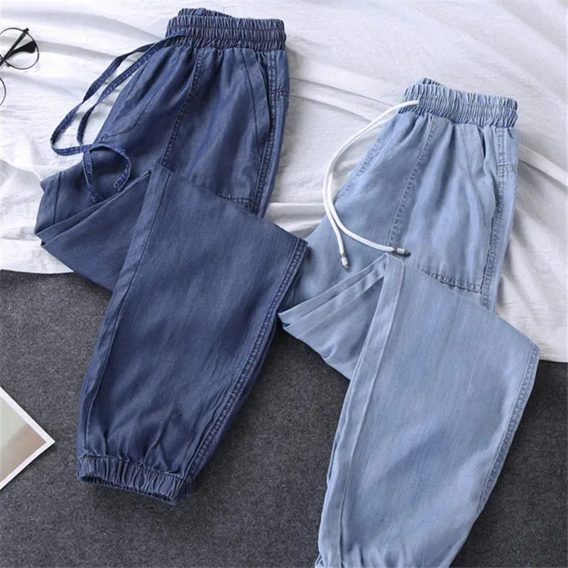 Women's Loose Harem Pants For Tie Feet High Waist Trousers Plus Size Soft Cool Off Female Denim Pants Spring Autumn Plus Size