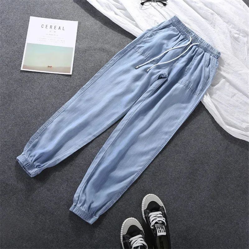 Women's Loose Harem Pants For Tie Feet High Waist Trousers Plus Size Soft Cool Off Female Denim Pants Spring Autumn Plus Size