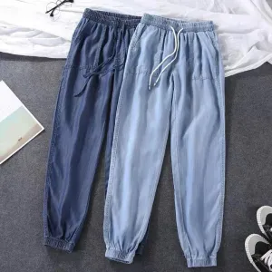 Women's Loose Harem Pants For Tie Feet High Waist Trousers Plus Size Soft Cool Off Female Denim Pants Spring Autumn Plus Size