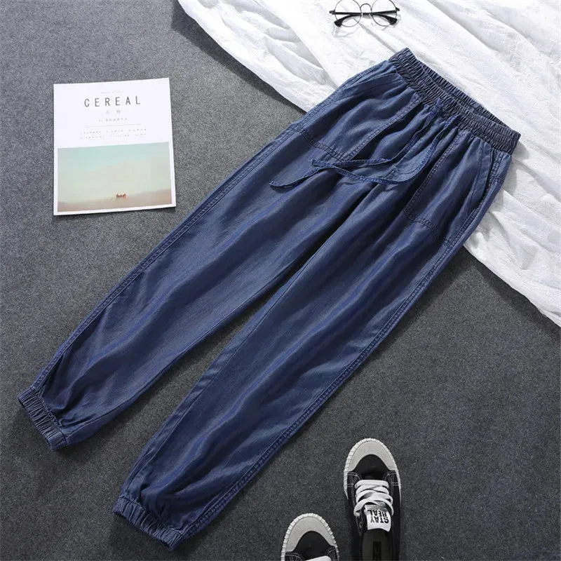 Women's Loose Harem Pants For Tie Feet High Waist Trousers Plus Size Soft Cool Off Female Denim Pants Spring Autumn Plus Size