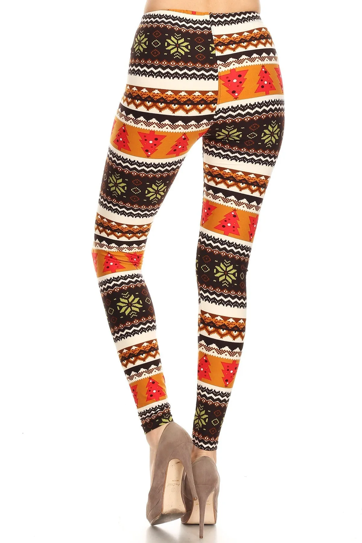 Women's Plus Colorful Fair Isle Snowflake Tree Pattern Printed Leggings