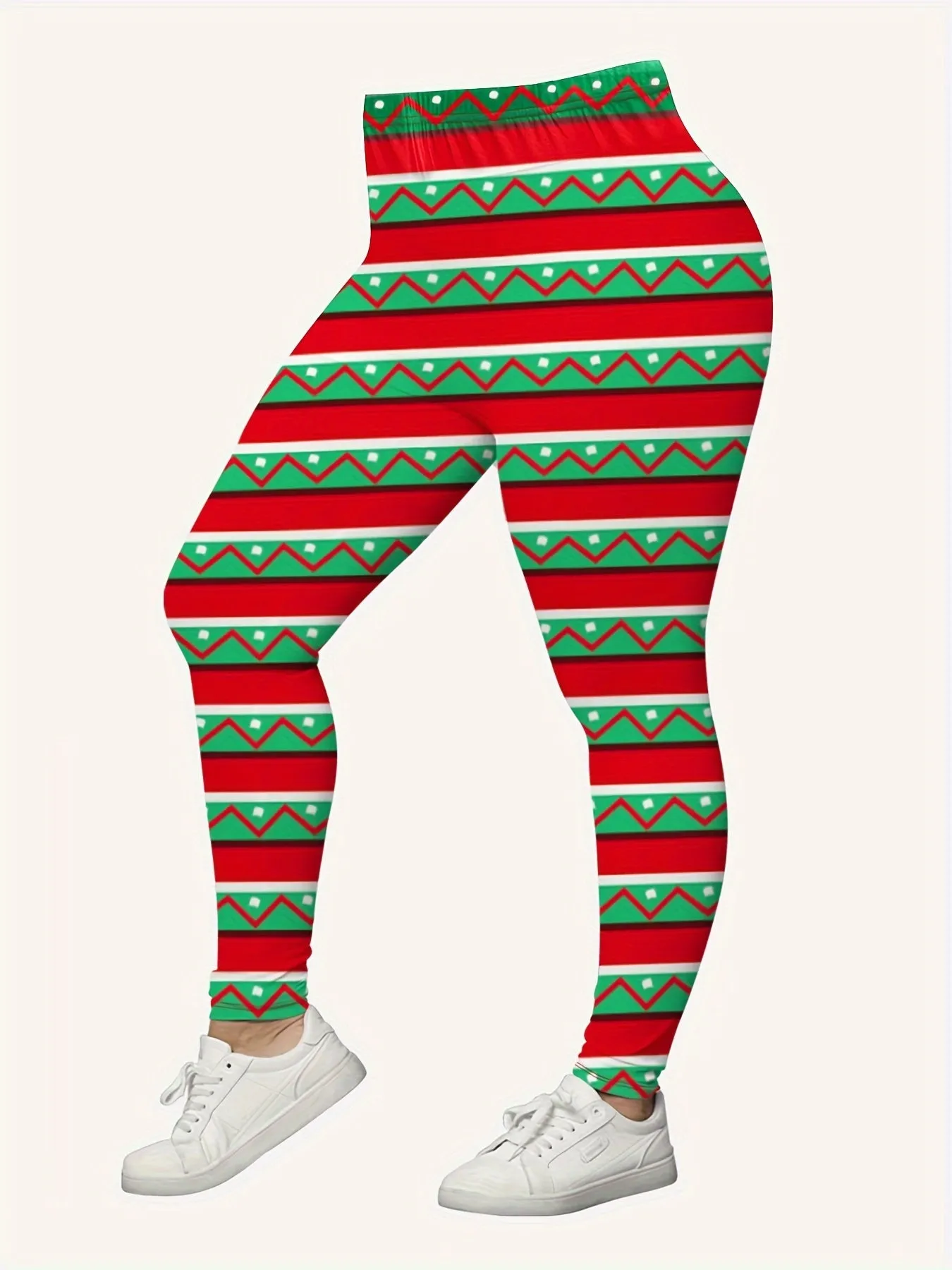 Women's Plus Size Christmas Outfit - Reindeer & Snowflake Print Long Sleeve Tee and Striped Leggings Set, Casual Polyester Knitwear