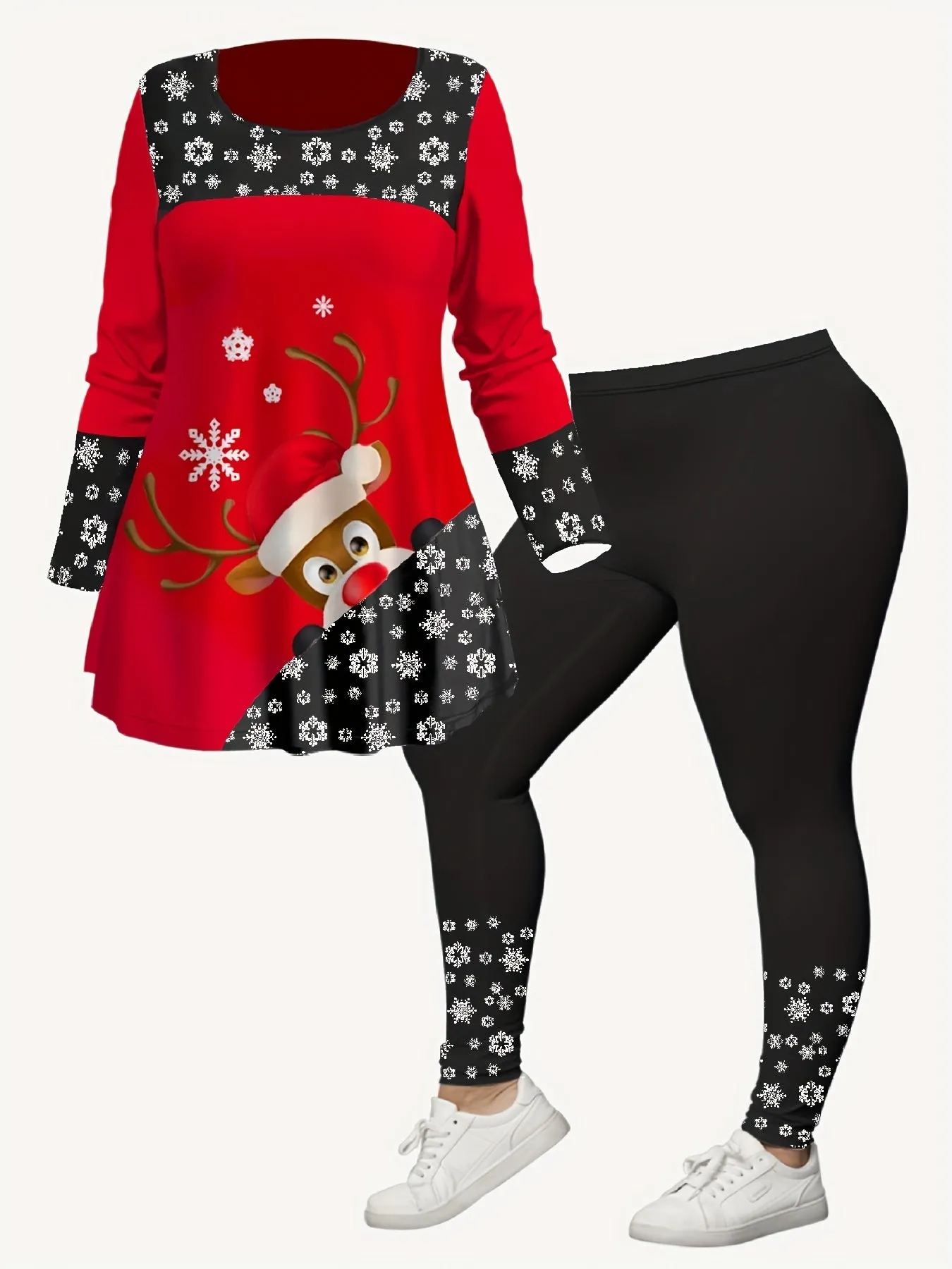 Women's Plus Size Christmas Outfit - Reindeer & Snowflake Print Long Sleeve Tee and Striped Leggings Set, Casual Polyester Knitwear