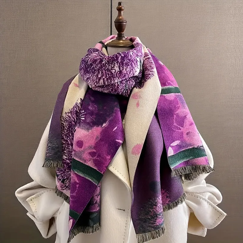 Women's Thick Winter Scarf With Elegant Floral Print, Classic Style Warm Shawl, Purple Pattern Fringe Wrap