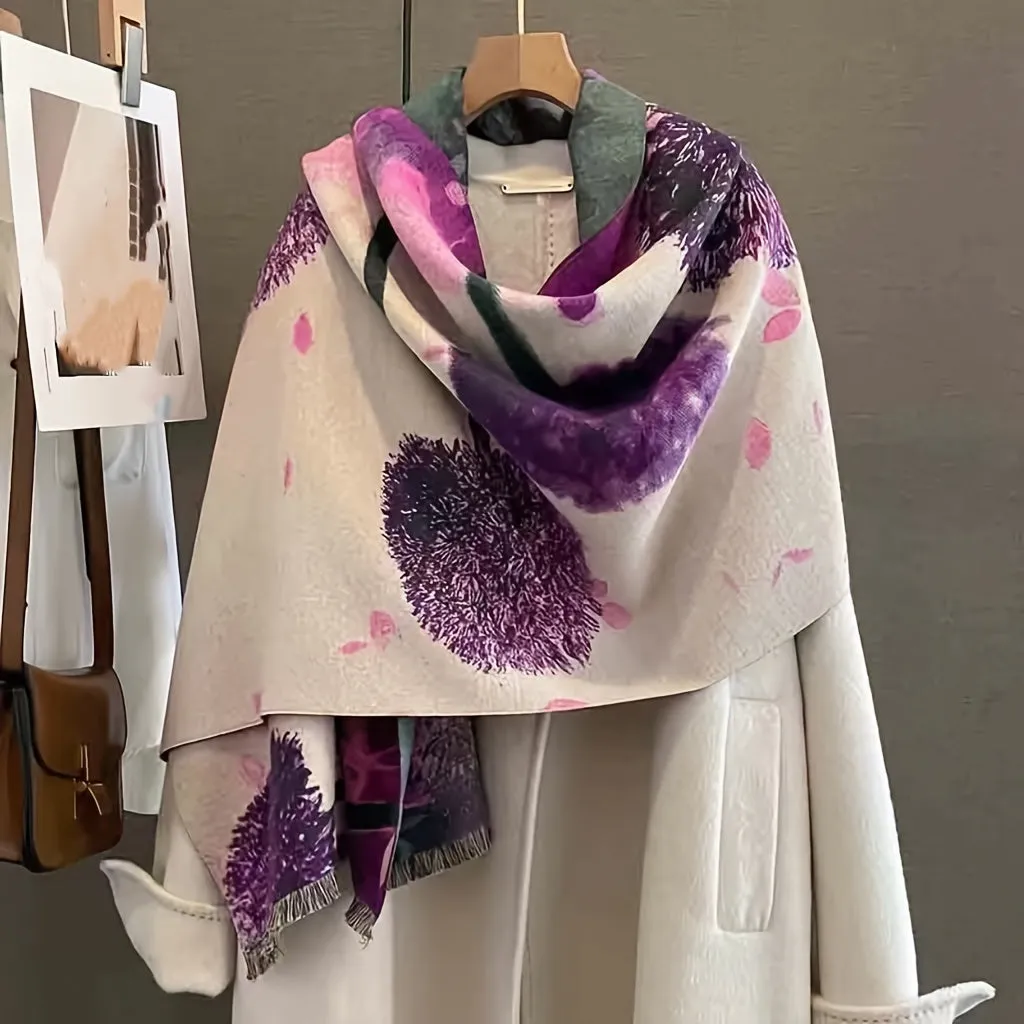 Women's Thick Winter Scarf With Elegant Floral Print, Classic Style Warm Shawl, Purple Pattern Fringe Wrap