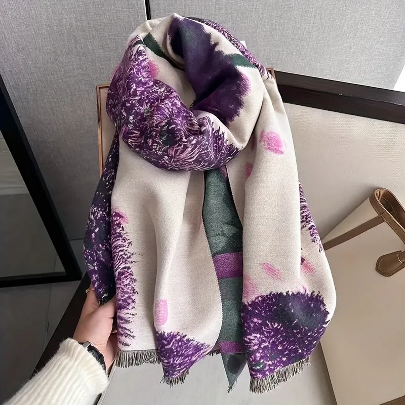 Women's Thick Winter Scarf With Elegant Floral Print, Classic Style Warm Shawl, Purple Pattern Fringe Wrap