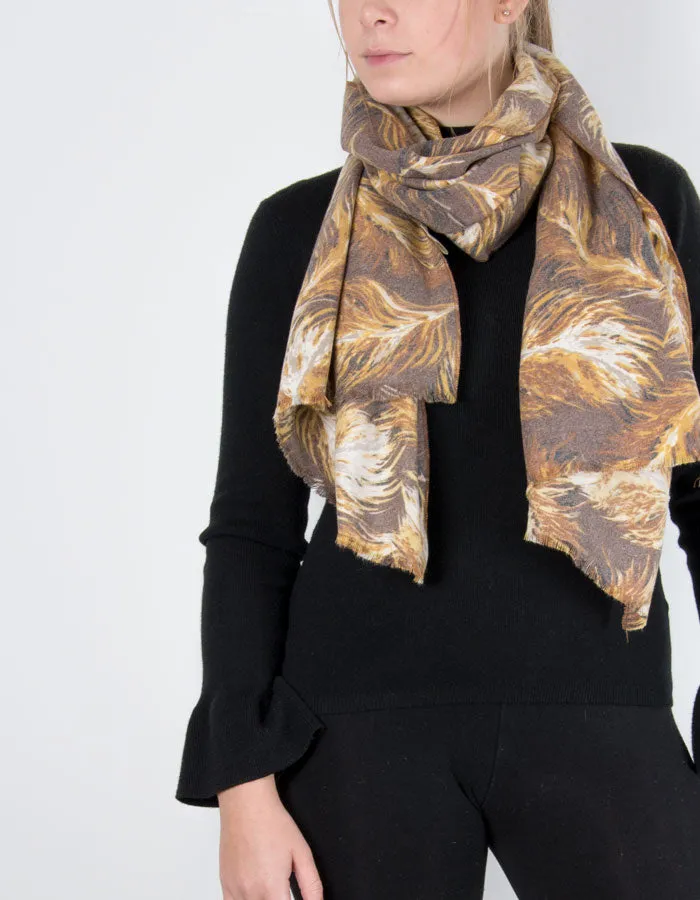 Wool Mix Scarf Mustard Feather Print