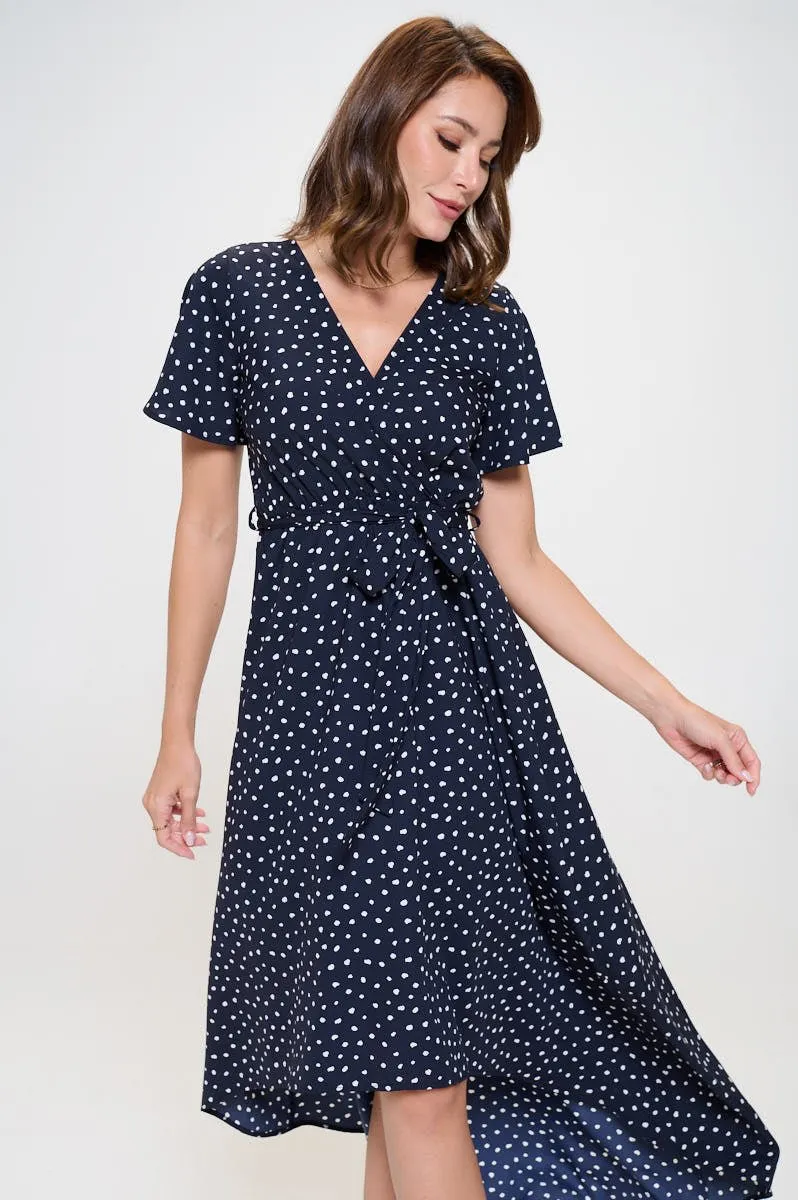 Woven Georgia Faux Wrap Dress with High-Low Hem and Tie Waist