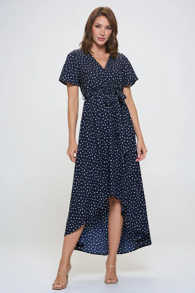 Woven Georgia Faux Wrap Dress with High-Low Hem and Tie Waist