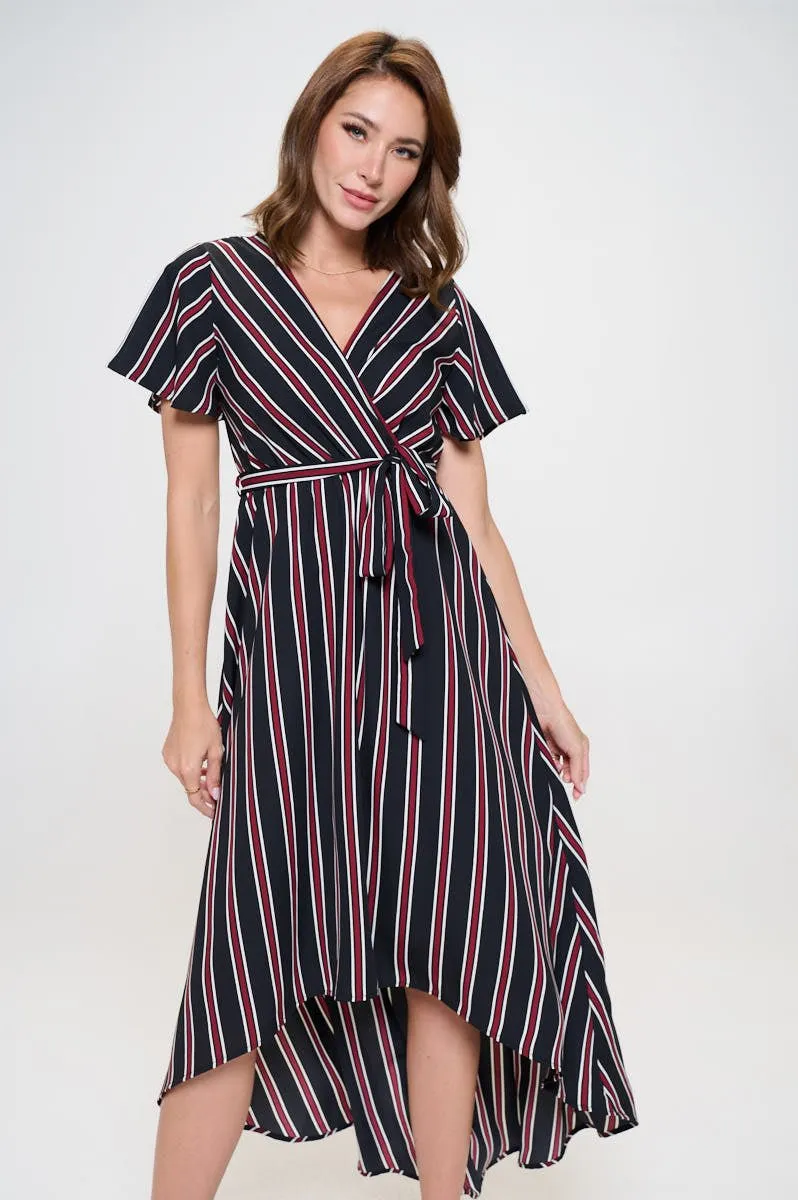 Woven Georgia Faux Wrap Dress with High-Low Hem and Tie Waist