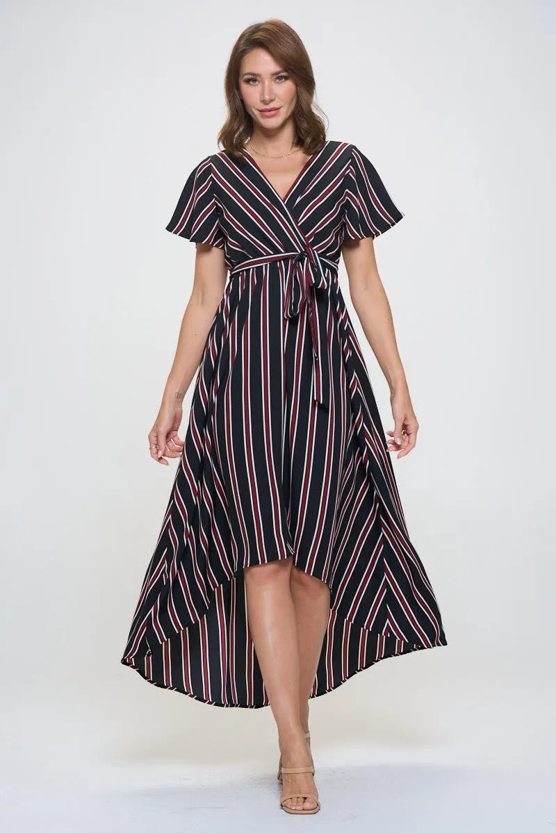 Woven Georgia Faux Wrap Dress with High-Low Hem and Tie Waist