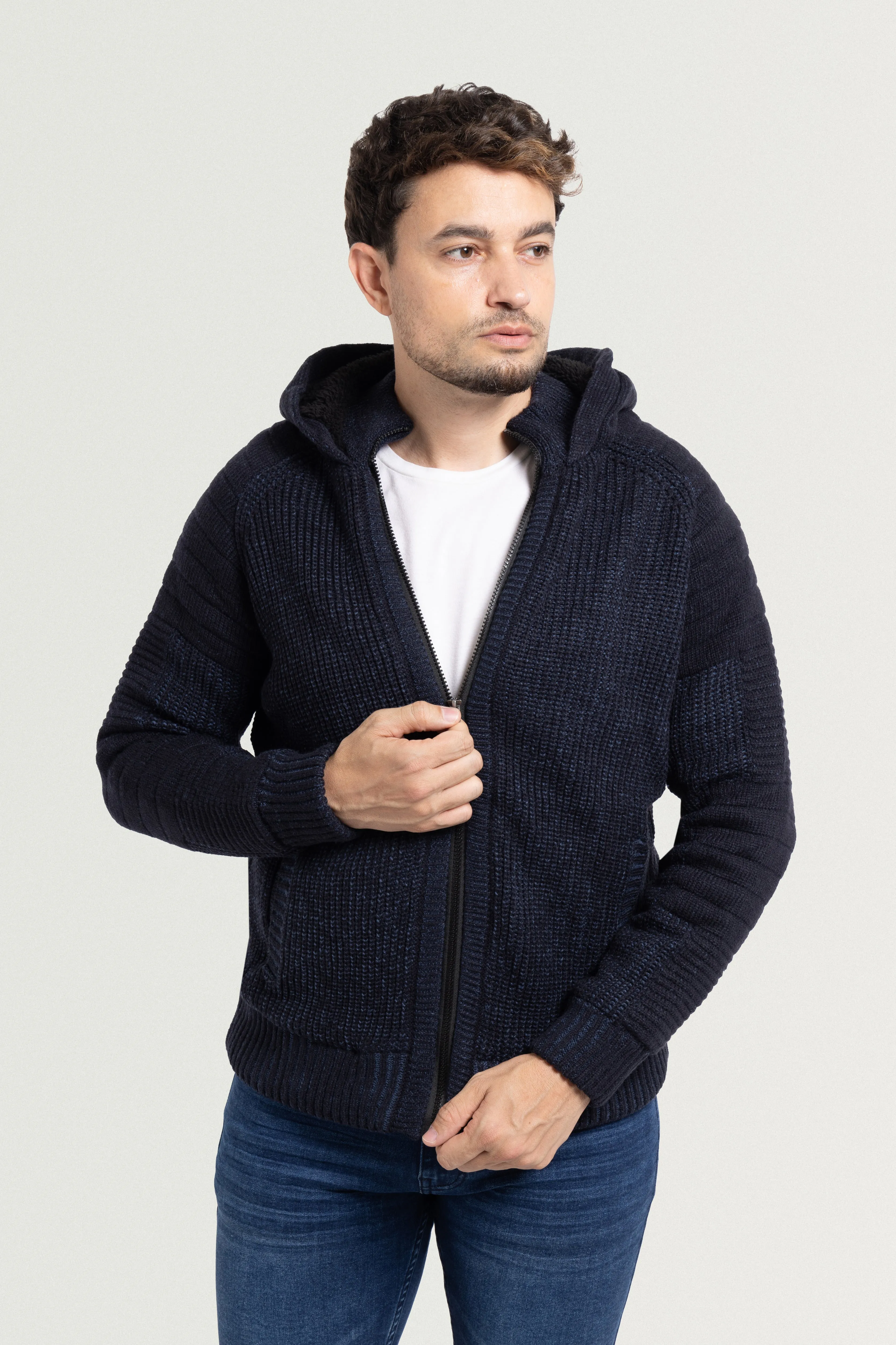 X RAY Men's Button Cable Knit Full Zip Hooded Sweater Jacket