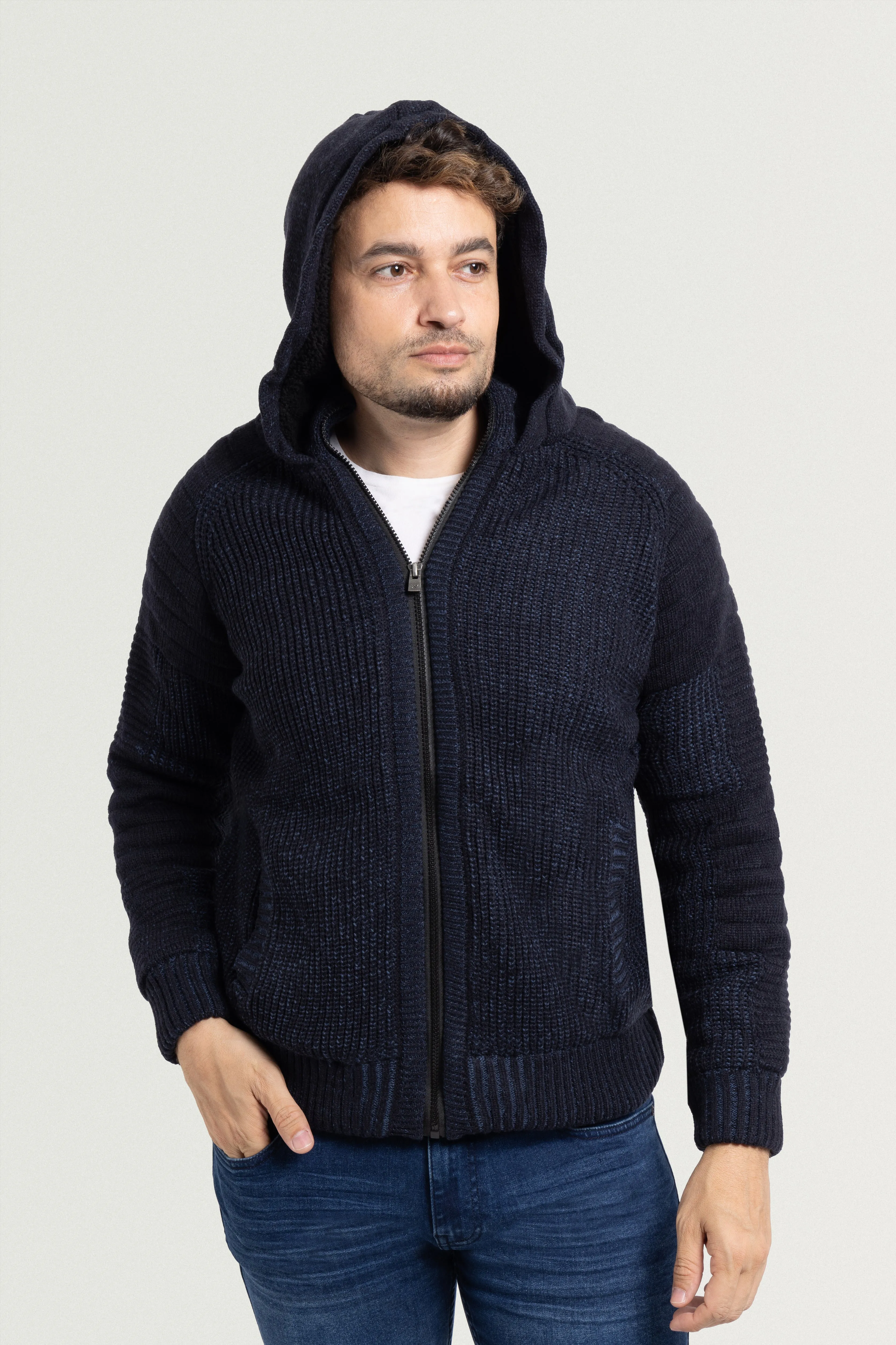 X RAY Men's Button Cable Knit Full Zip Hooded Sweater Jacket