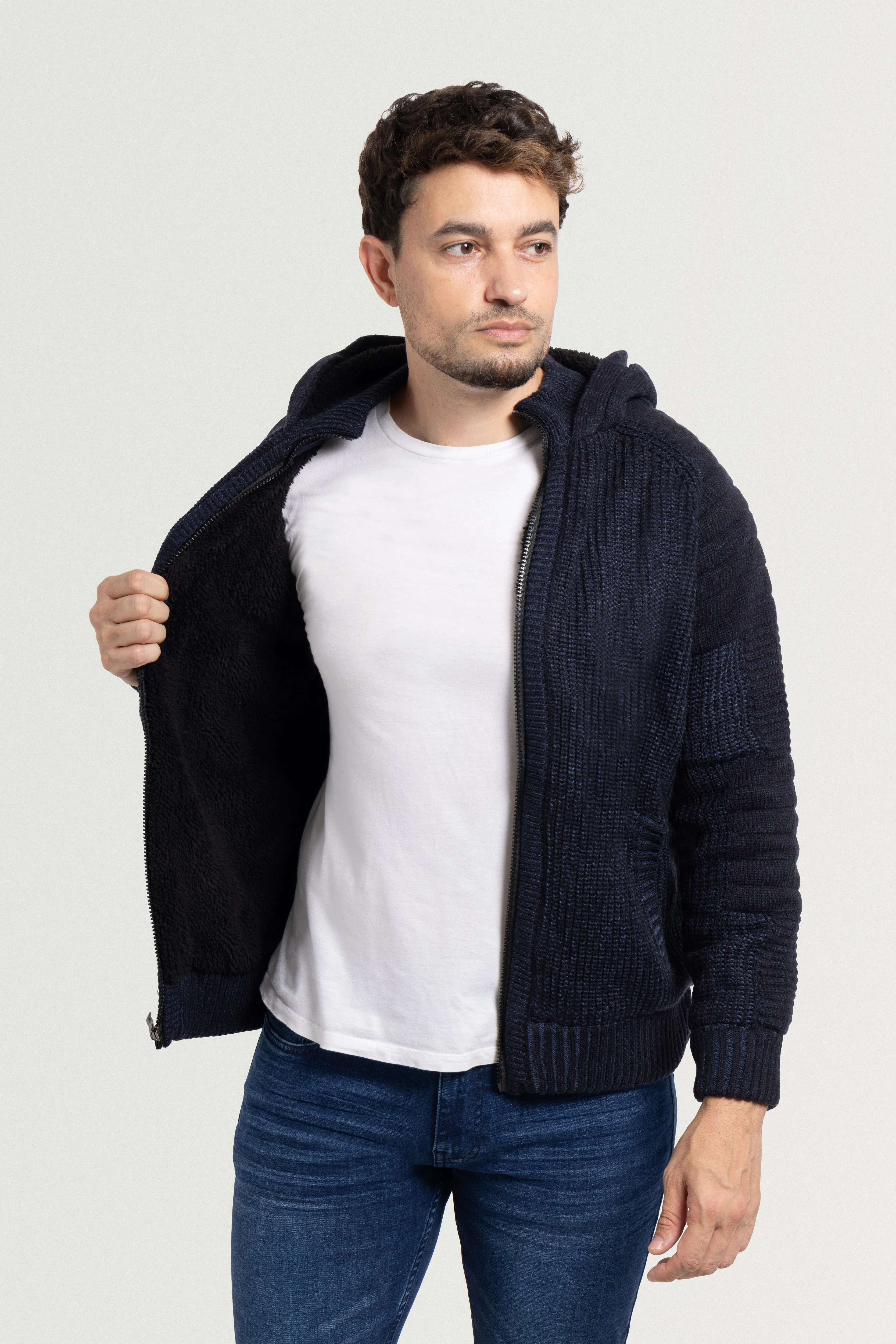 X RAY Men's Button Cable Knit Full Zip Hooded Sweater Jacket