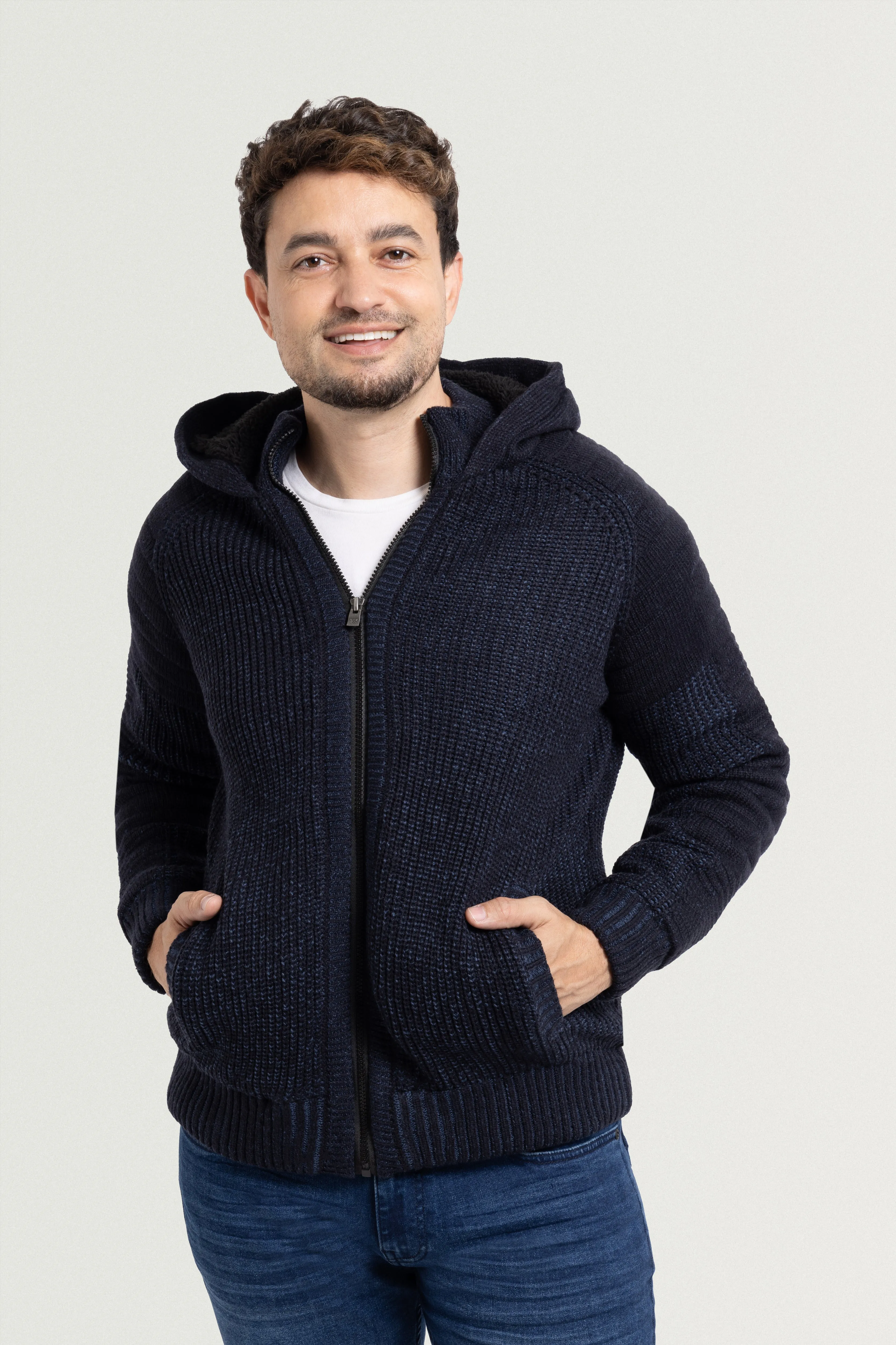 X RAY Men's Button Cable Knit Full Zip Hooded Sweater Jacket